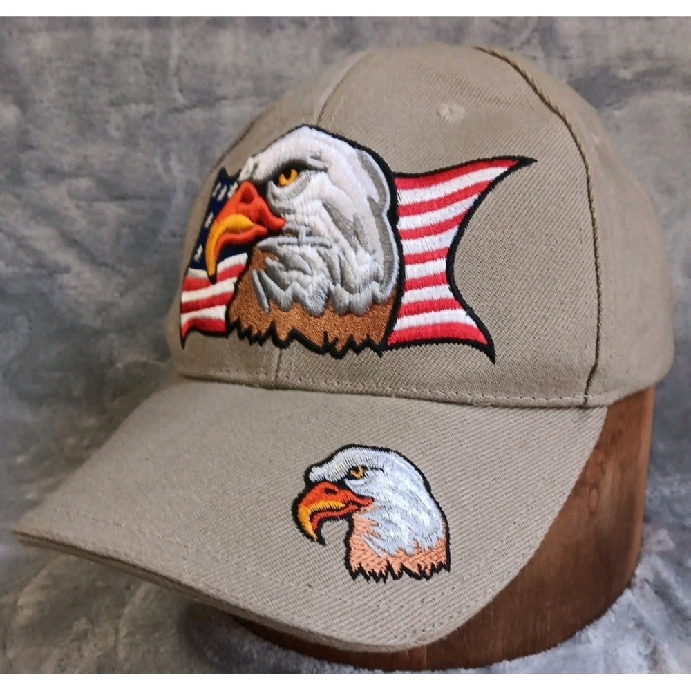 USA‎ Baseball Cap Hat American Flag Eagle Embroidered Patriotic Tan Adjustable